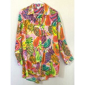 NWOT True Destinations 100% cotton fruit print swimsuit cover up oversized shirt